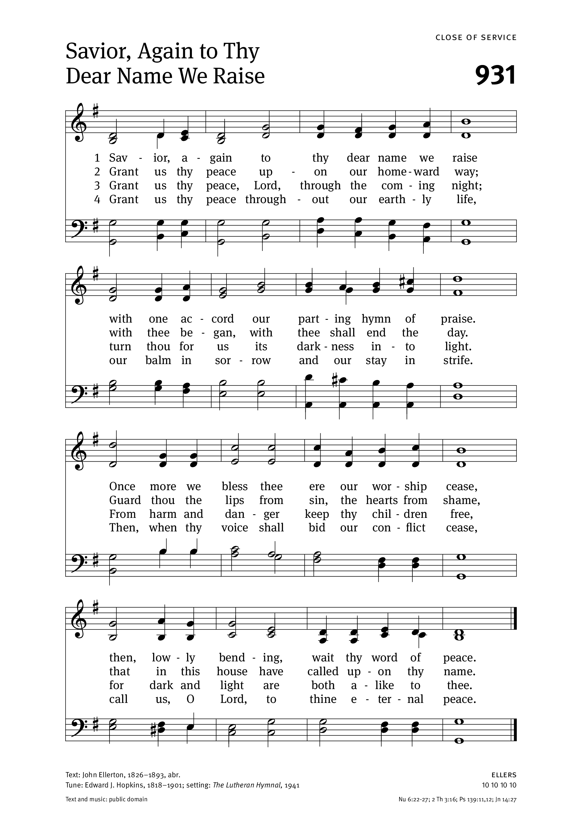 Hymn Sheet for Savior, Again to Thy Dear Name (Parting Hymn)