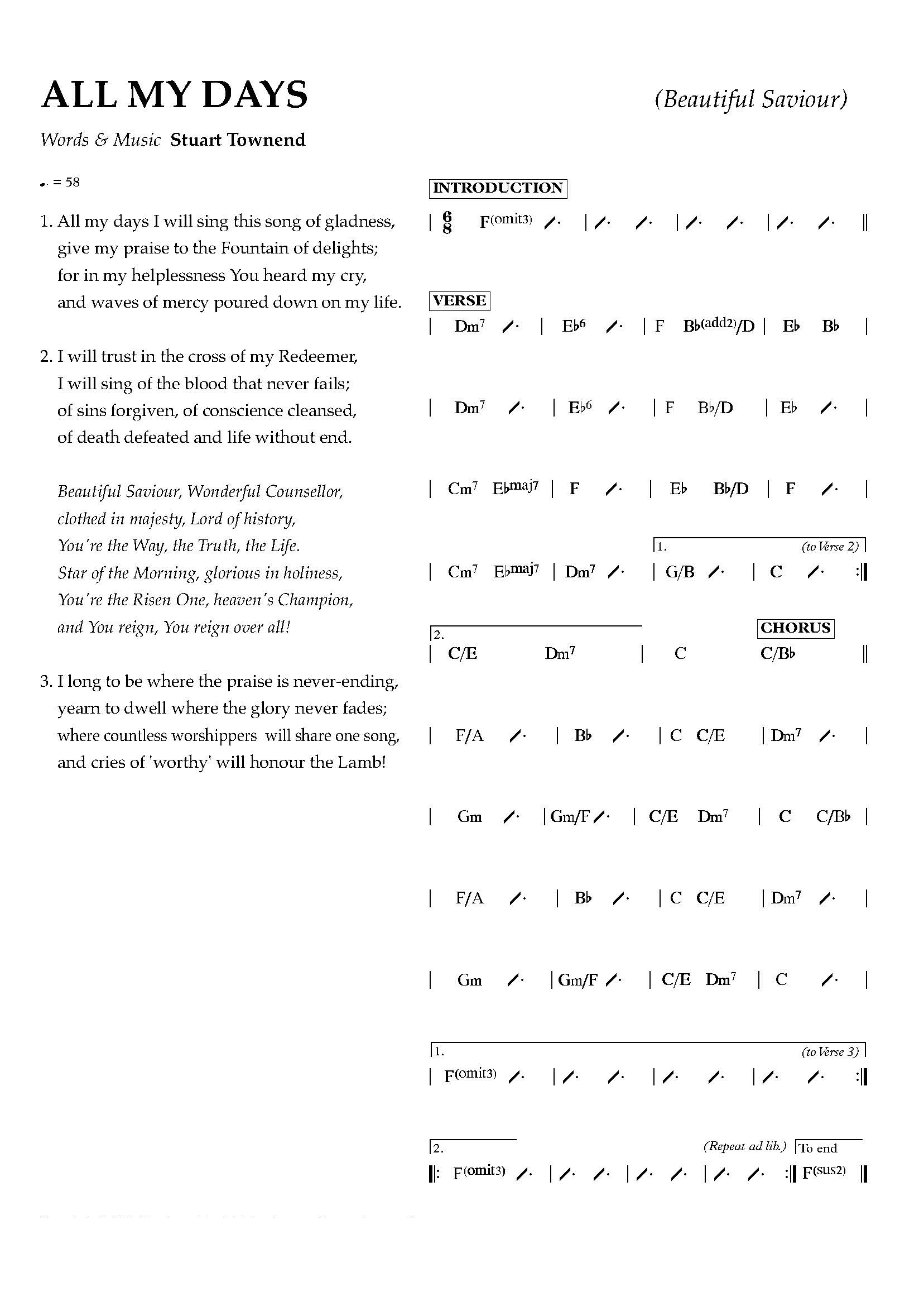 Hymn Sheet for All My Days I will Sing this Song of Gladness