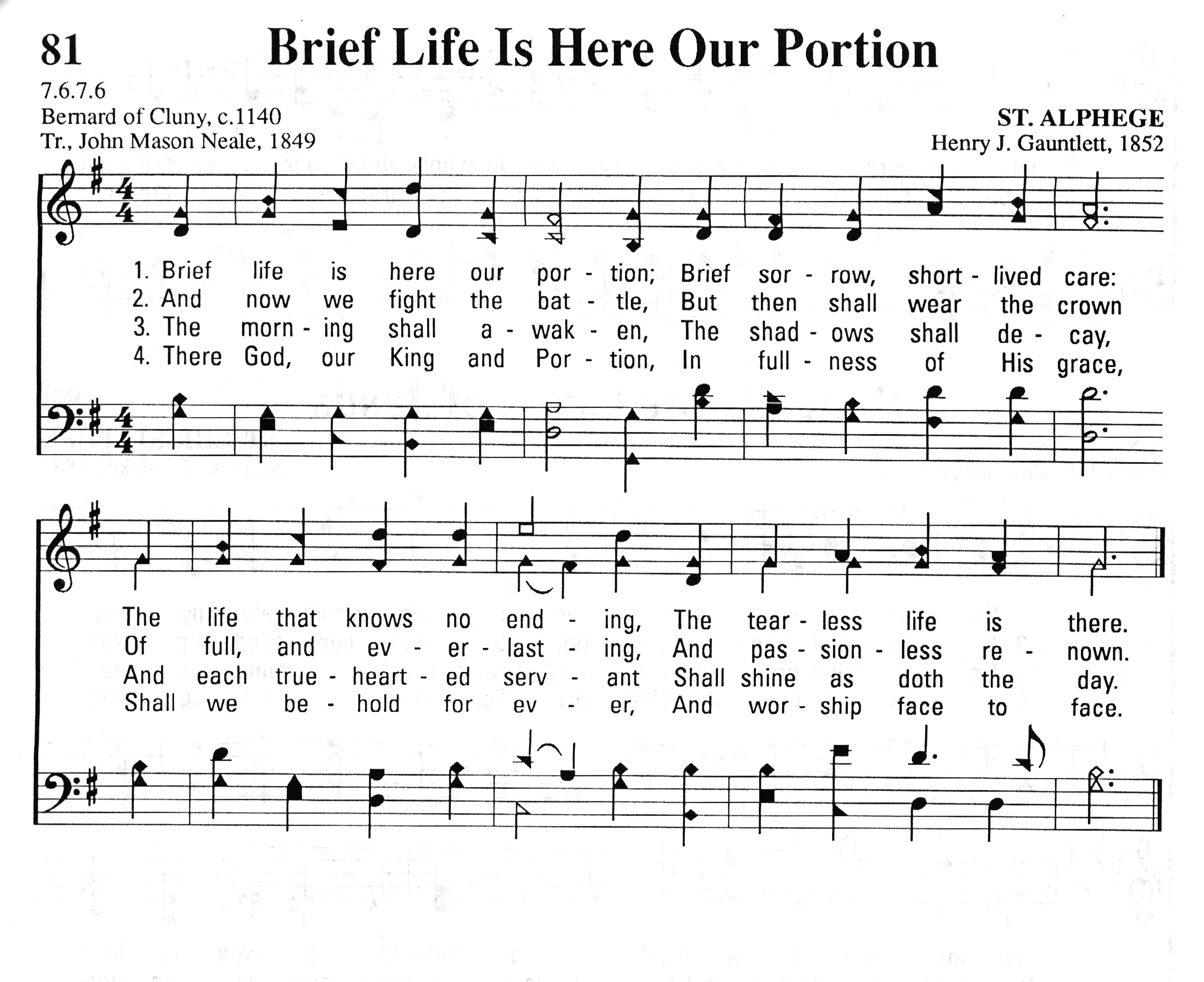 Hymn Sheet for Brief Life Is Here Our Portion