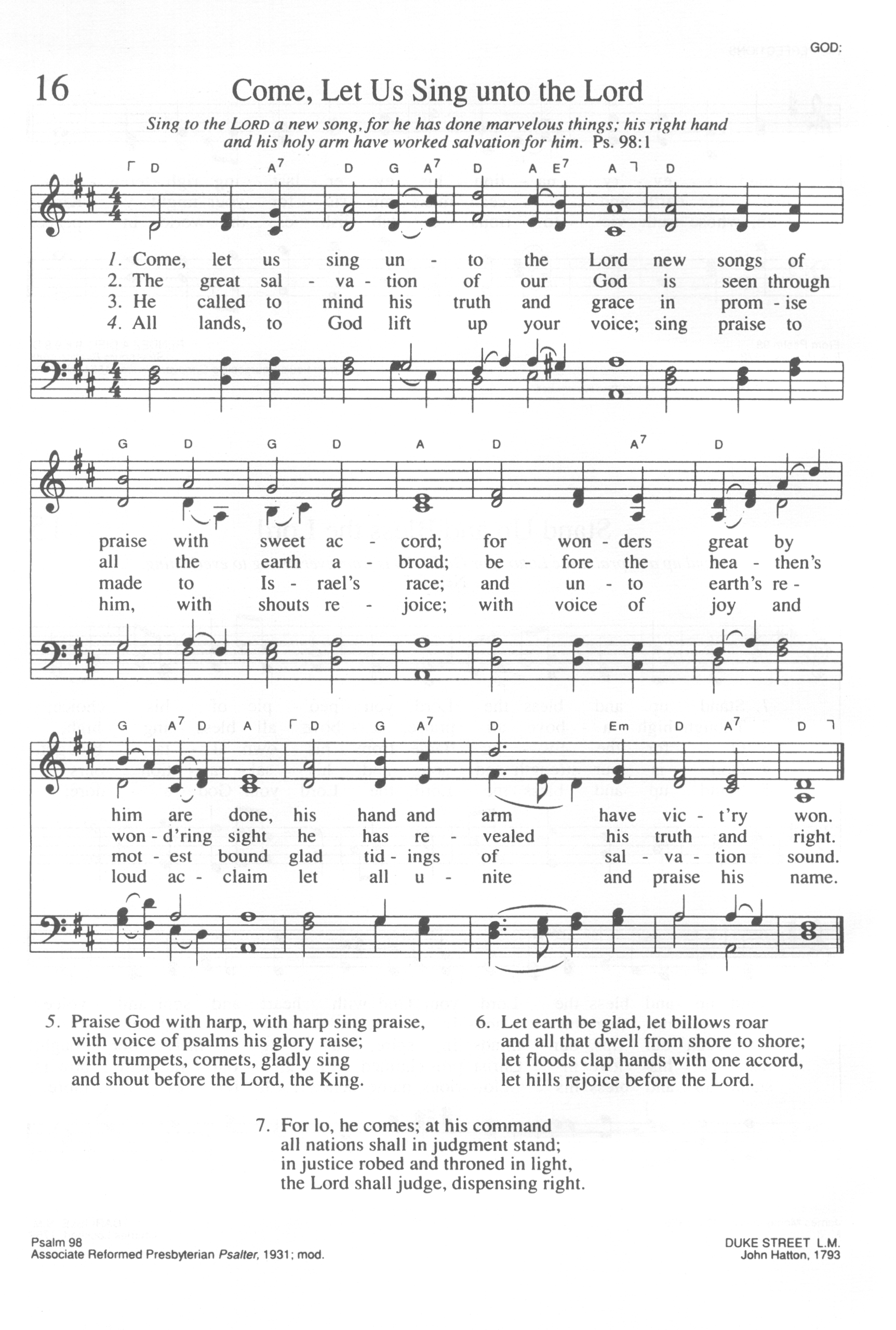 Hymn Sheet for Come, Let Us Sing unto the Lord