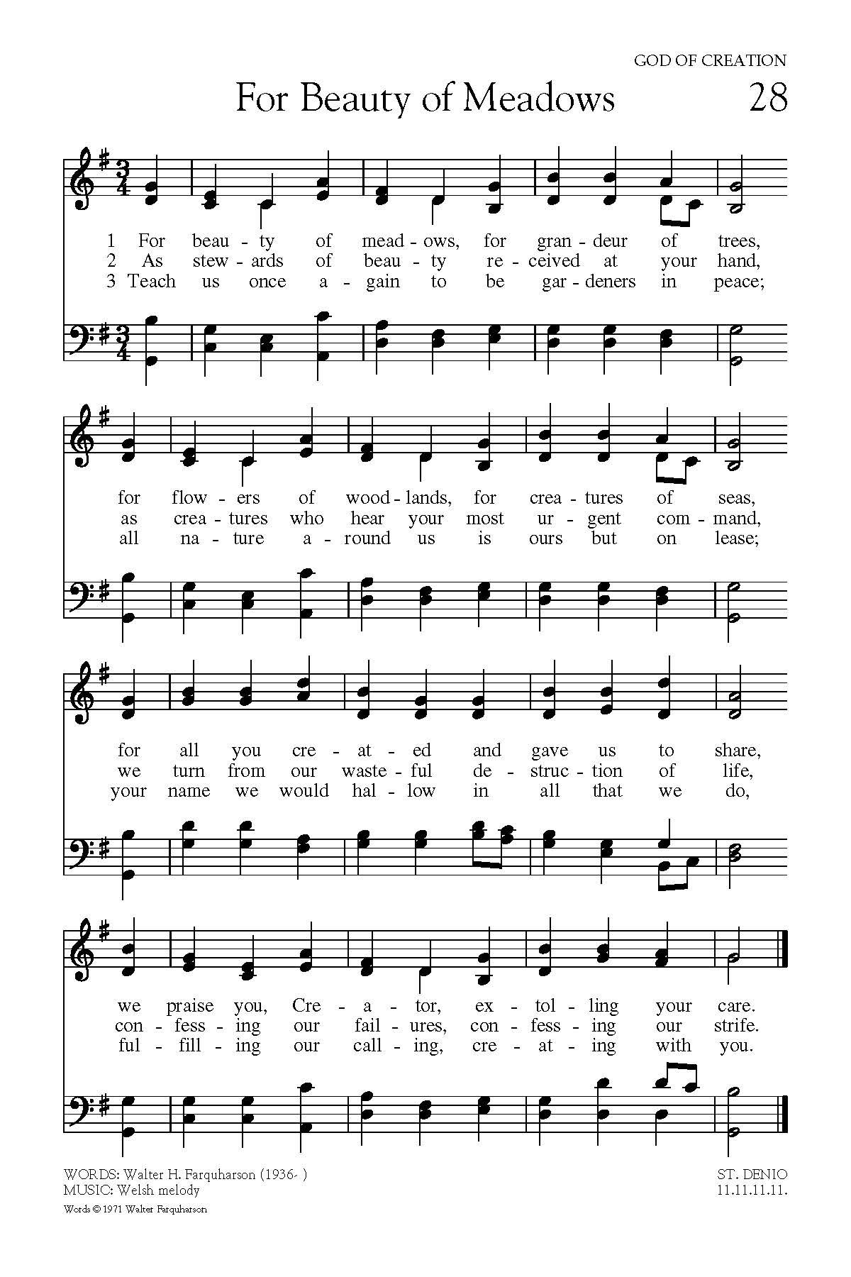 Hymn Sheet for For Beauty of Meadoes