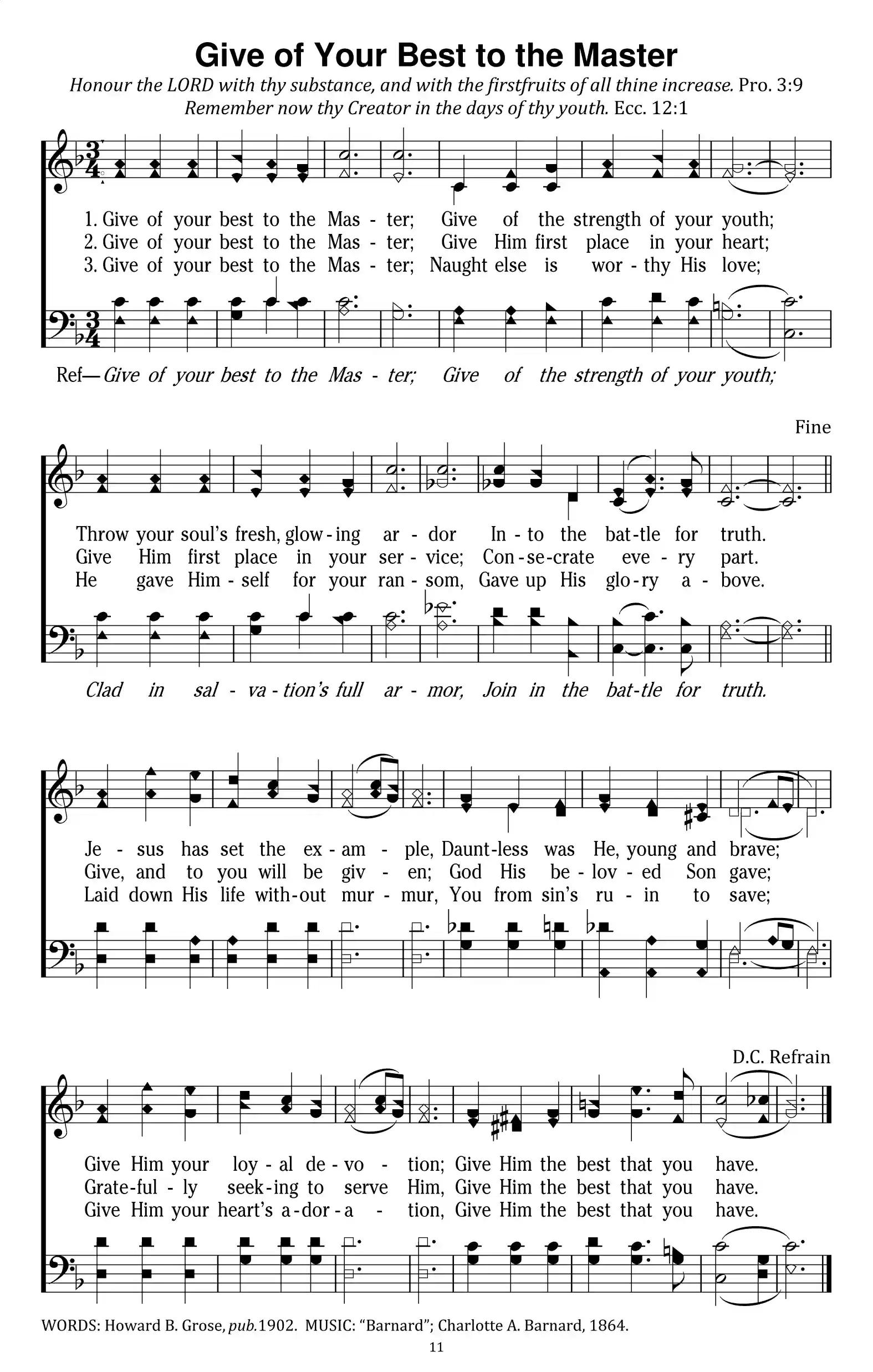 Hymn Sheet for Give of Your Best to the Master