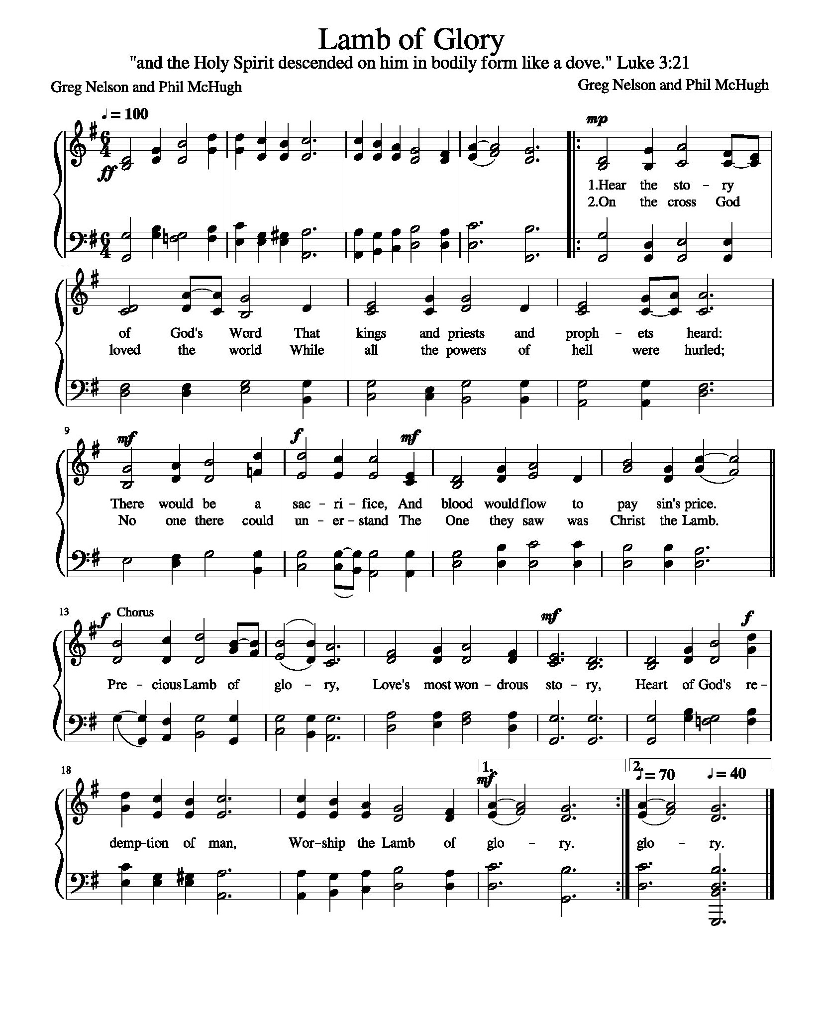 Hymn Sheet for Lamb of Glory
