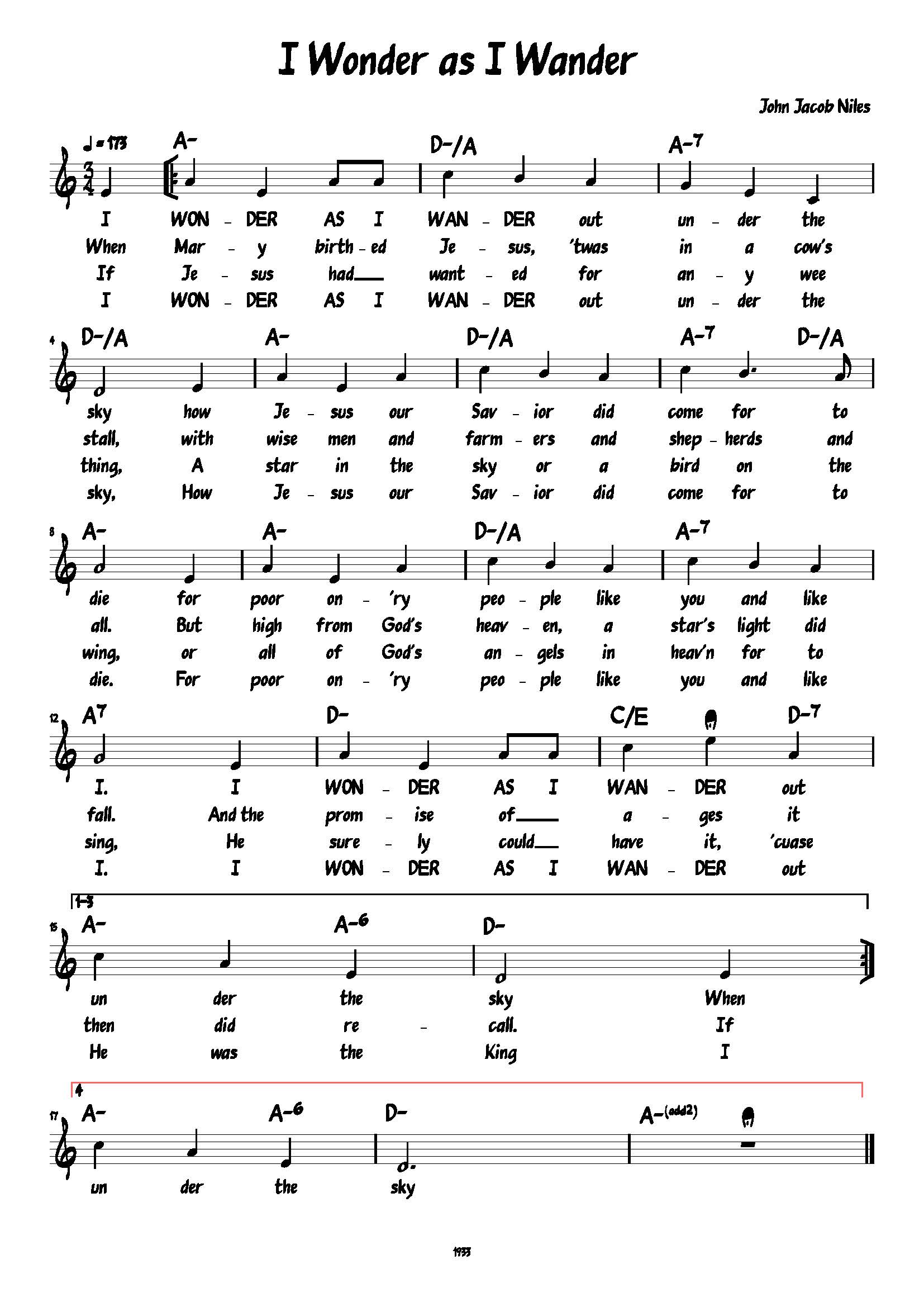 Hymn Sheet for I Wonder As I Wander