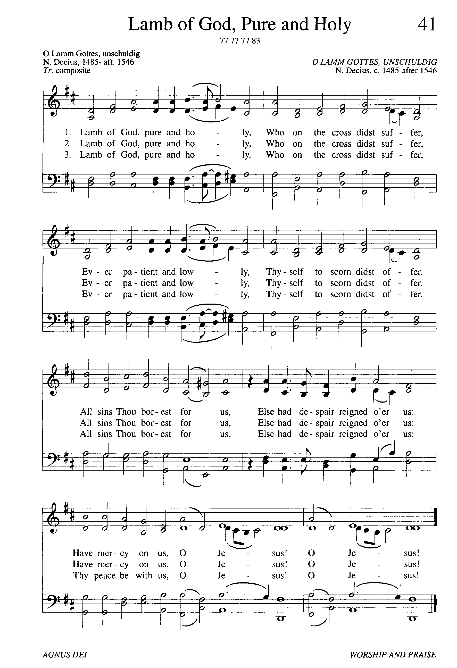 Hymn Sheet for Lamb of God, Pure and Holy
