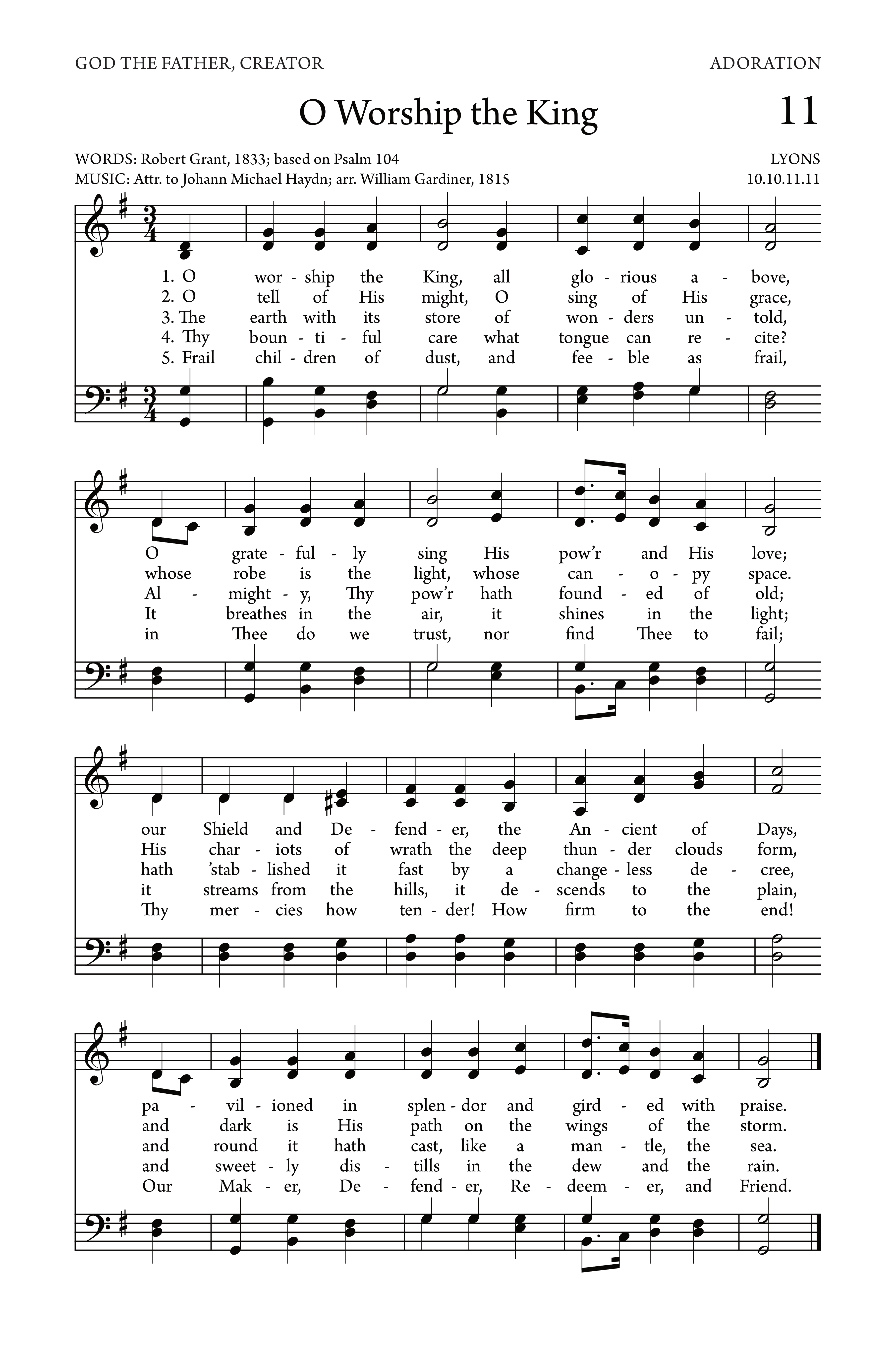Hymn Sheet for O Worship the King all glorious above