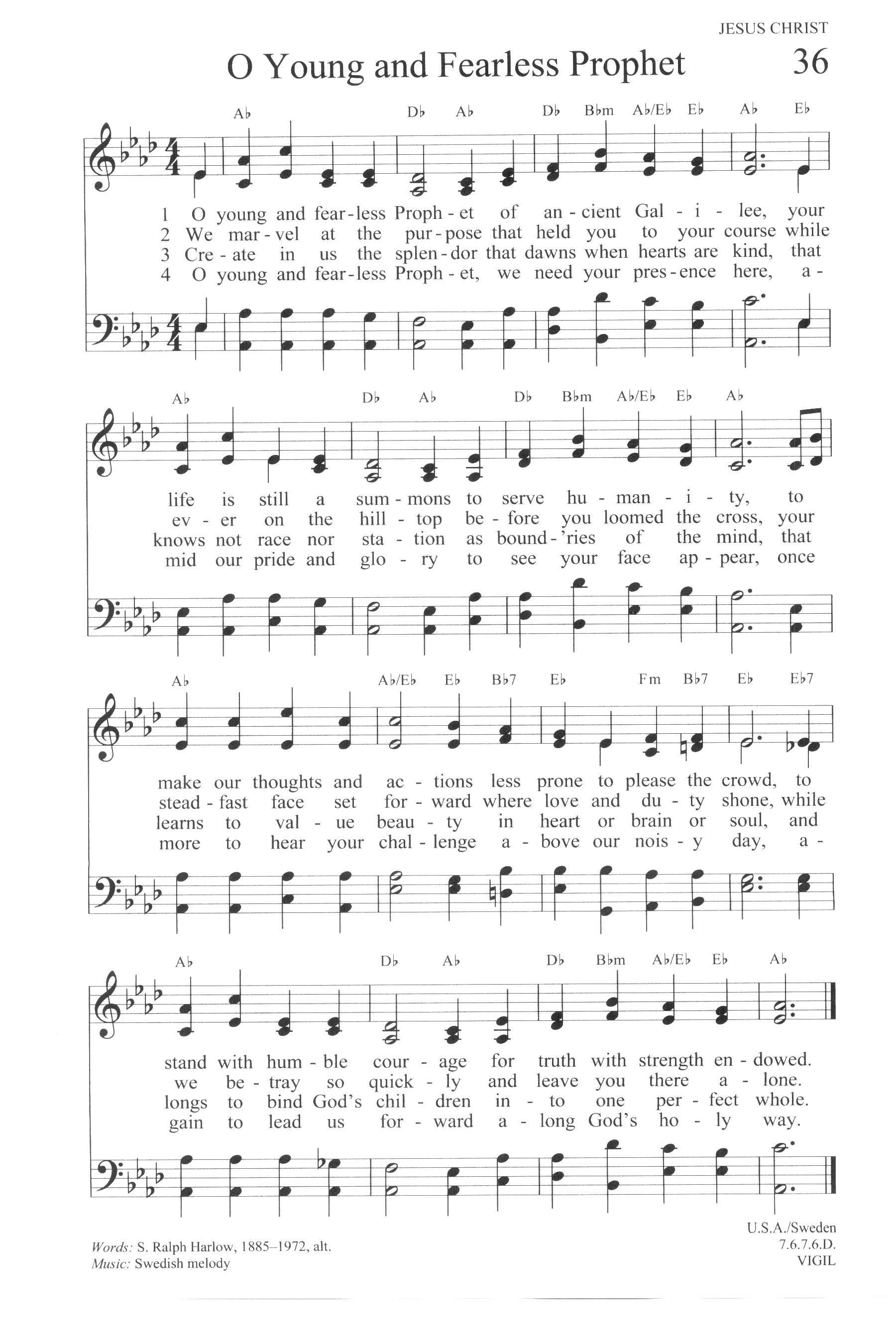 Hymn Sheet for O Young and Fearless Prophet