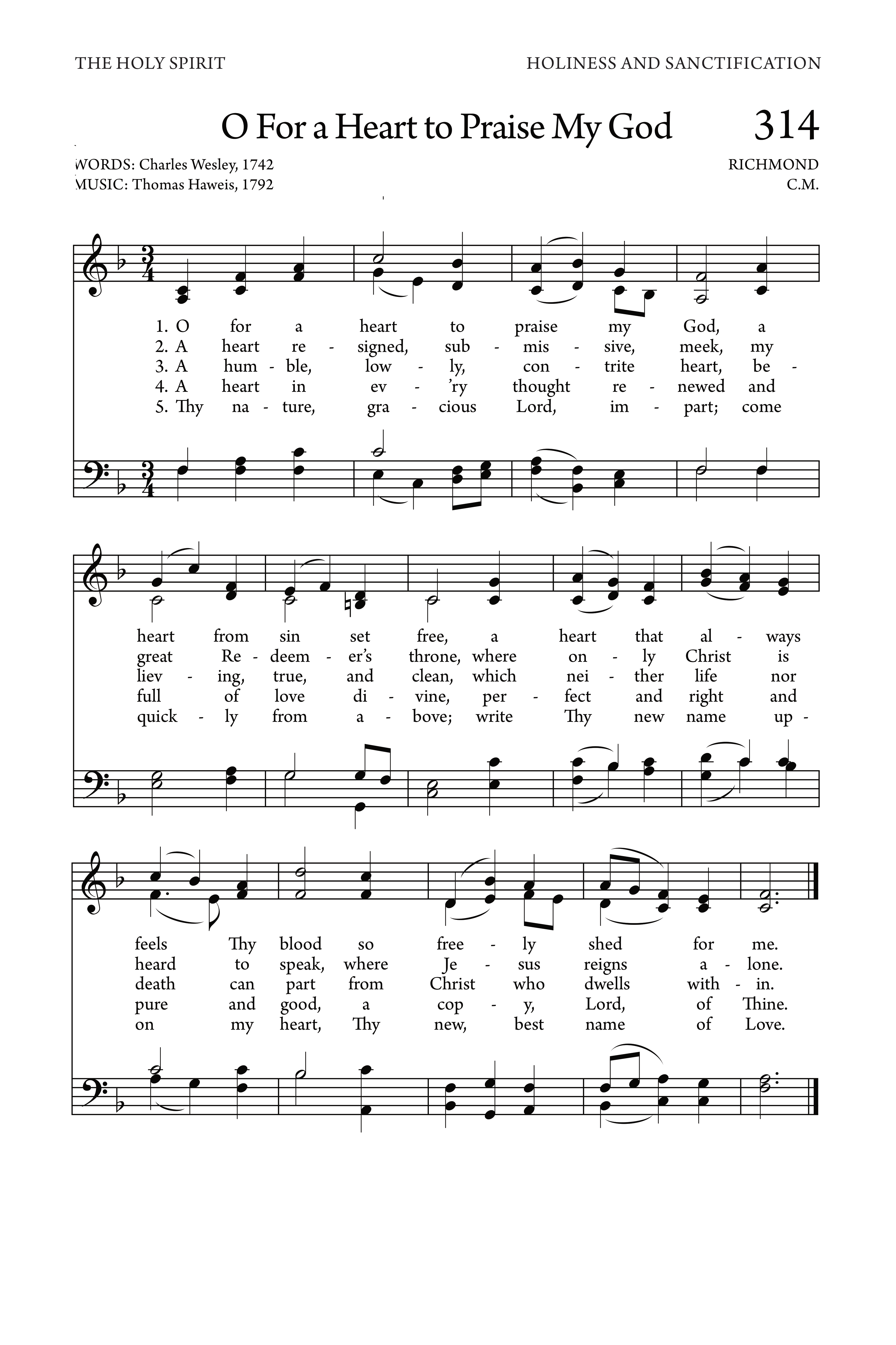 Hymn Sheet for O for a Heart to Praise My God!