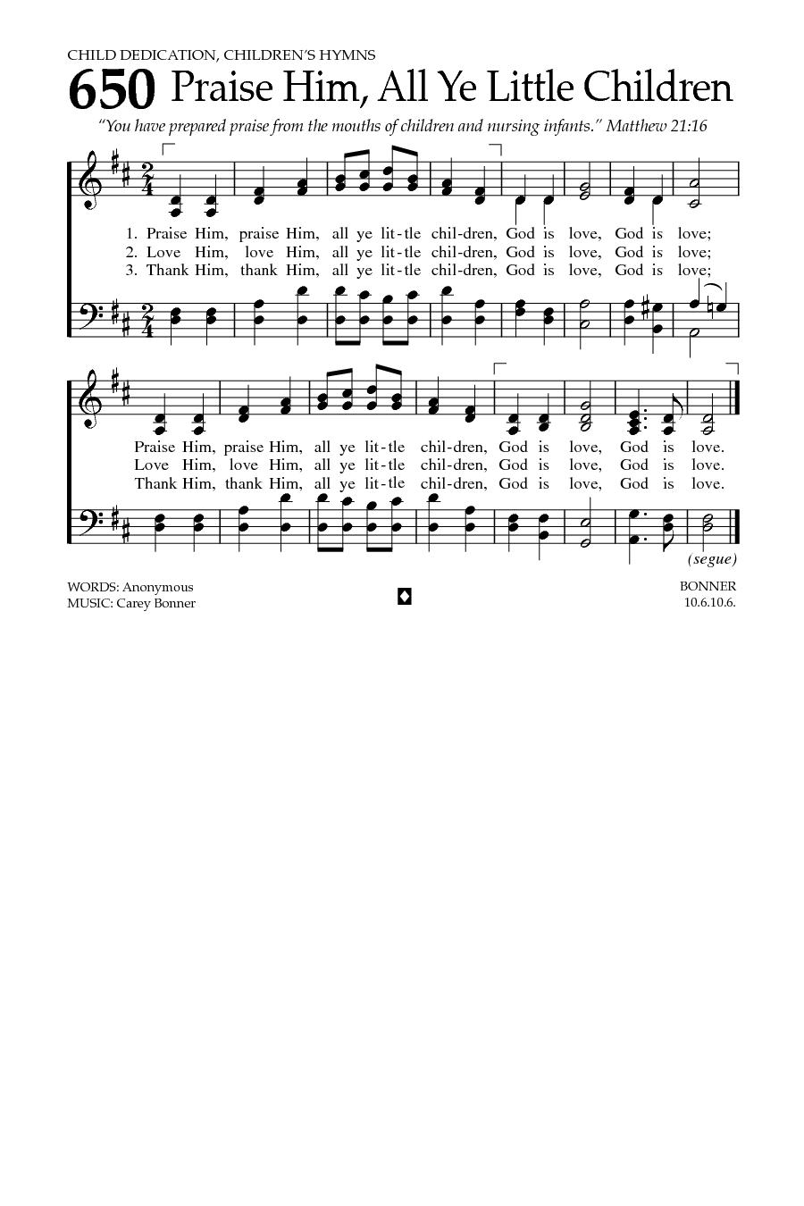 Hymn Sheet for Praise Him, All Ye Little Children