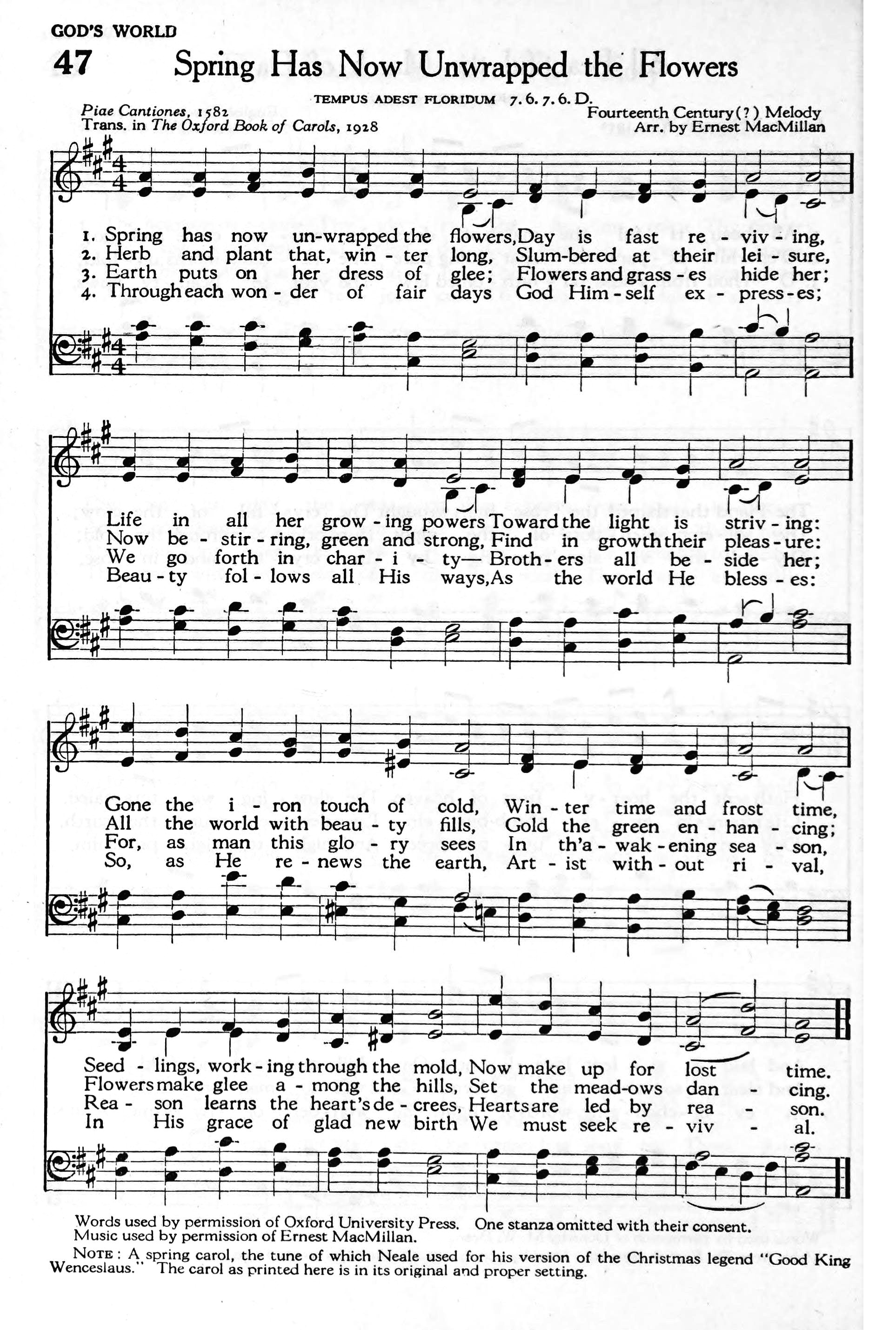 Hymn Sheet for Spring Has Now Unwrapped the Flowers