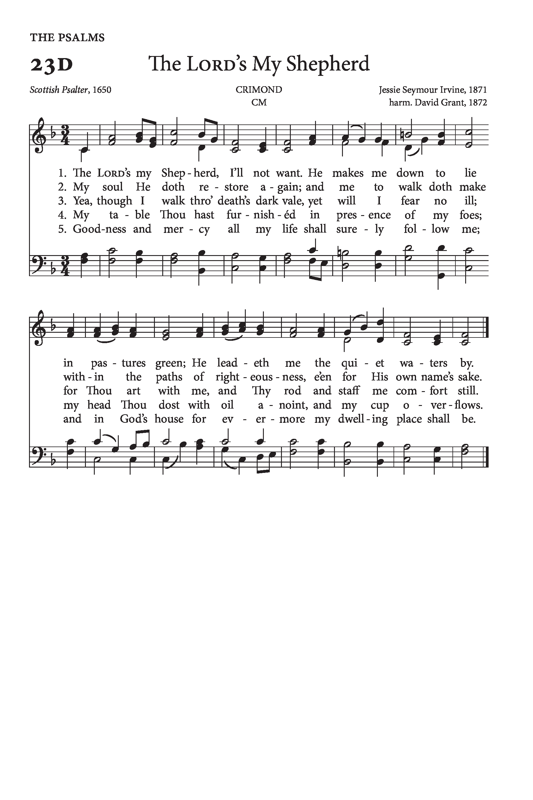 Hymn Sheet for The Lord’s My Shepherd, I’ll Not Want