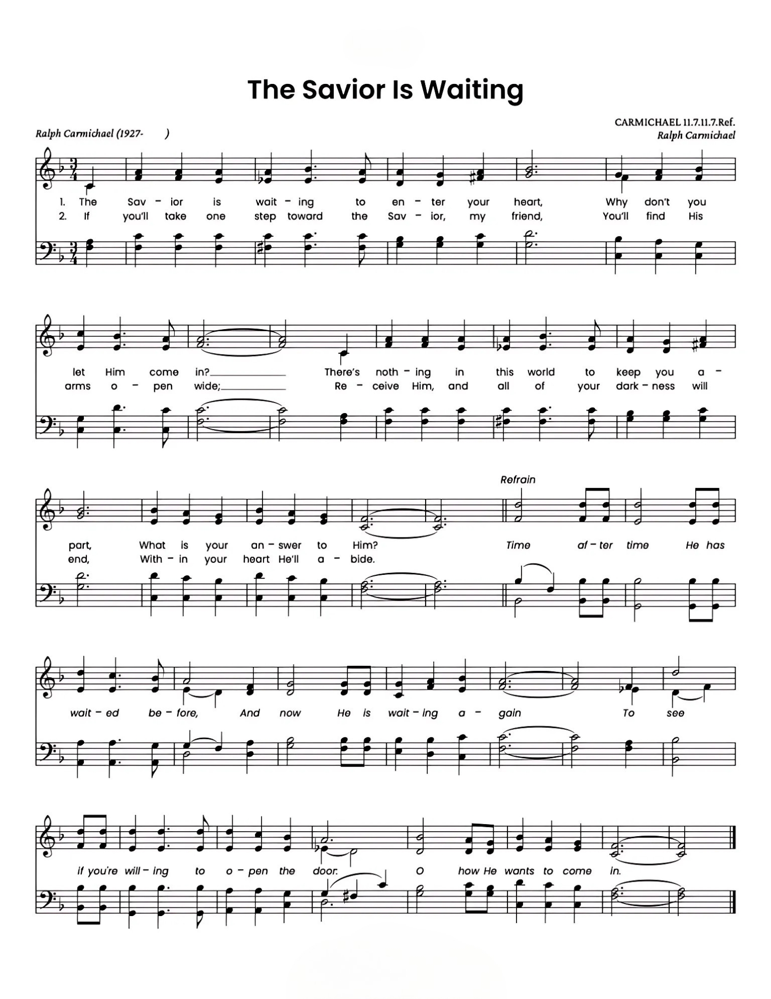 Hymn Sheet for The Savior Is Waiting To Enter Your Heart