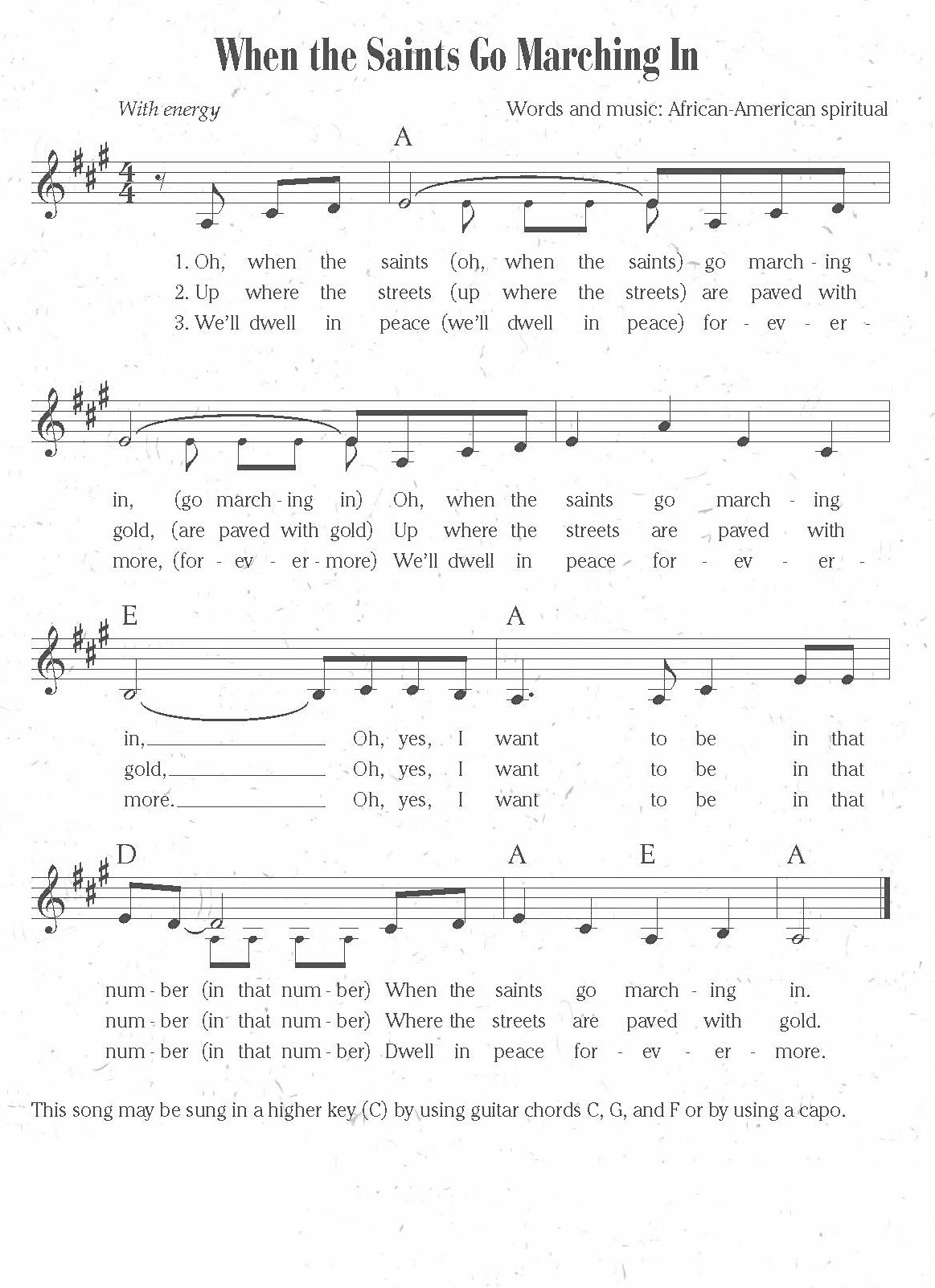 Hymn Sheet for When the Saints Go Marching In