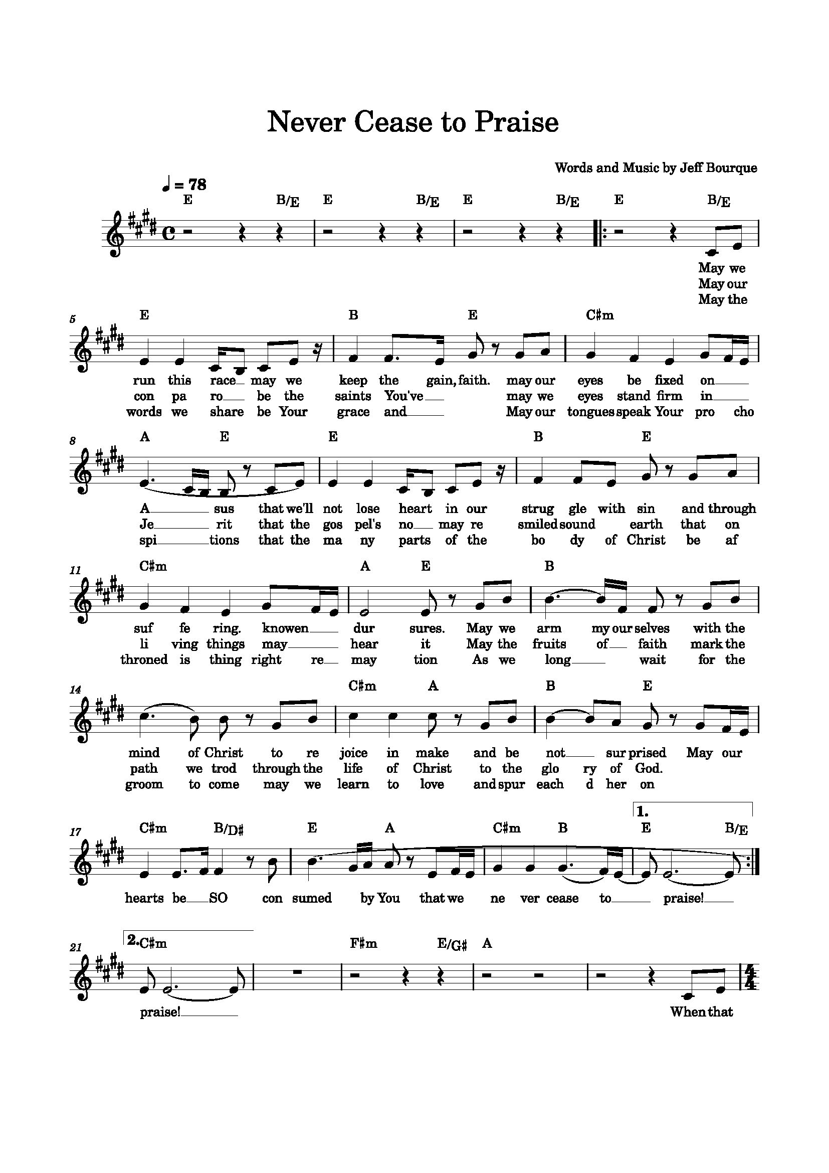 Hymn Sheet for Never Cease to Praise