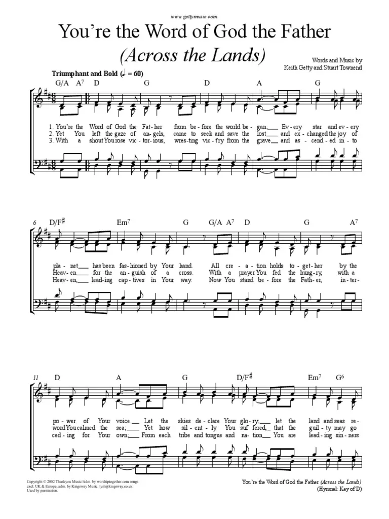 Hymn Sheet for You're the Word of God the Father (Across The Lands)