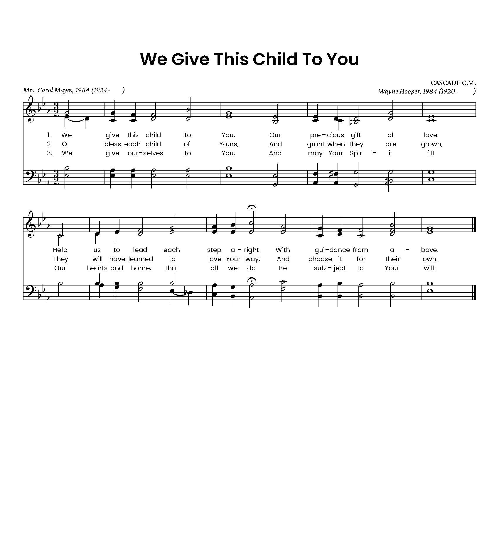 Hymn Sheet for We Give This Child to You