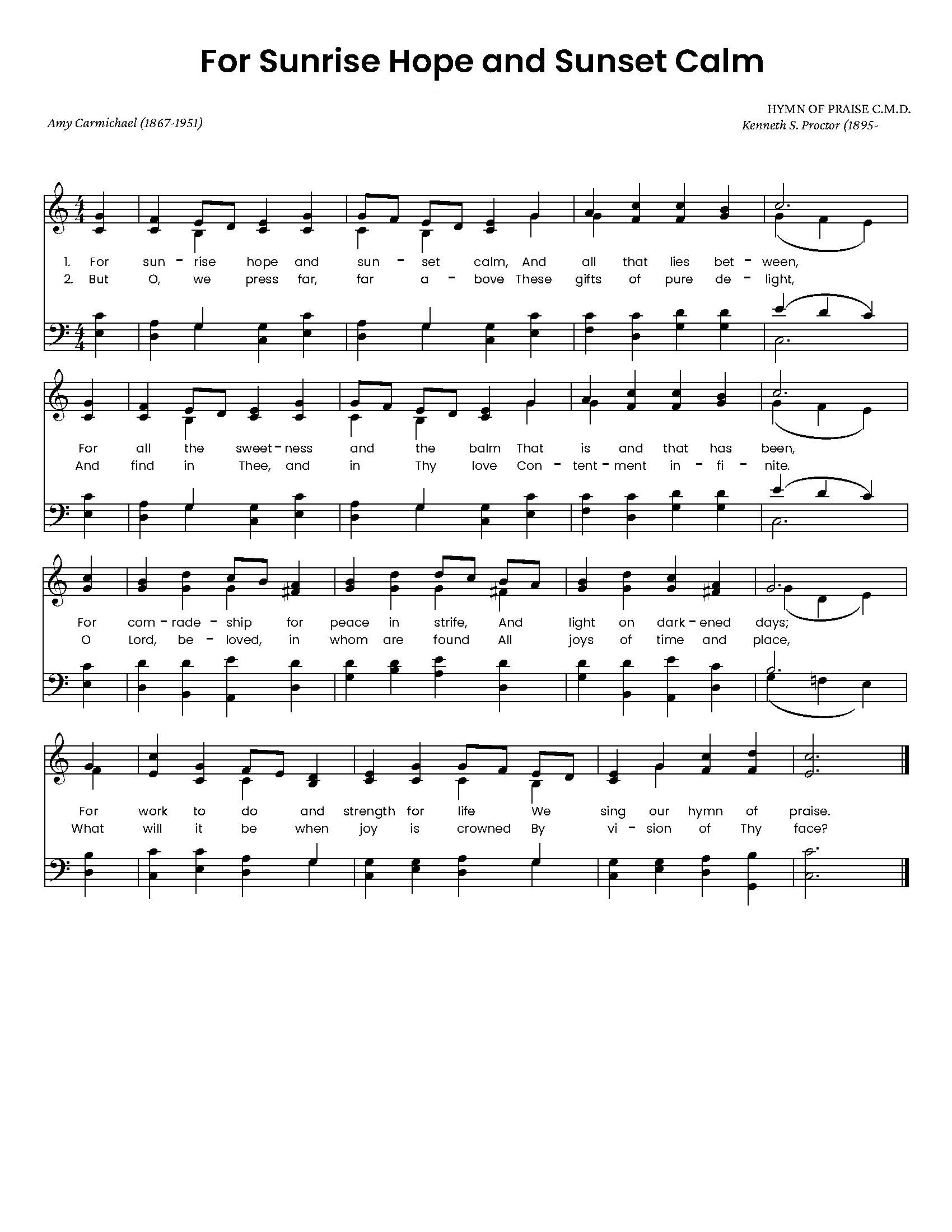 Hymn Sheet for For Sunrise Hope and Sunset Calm