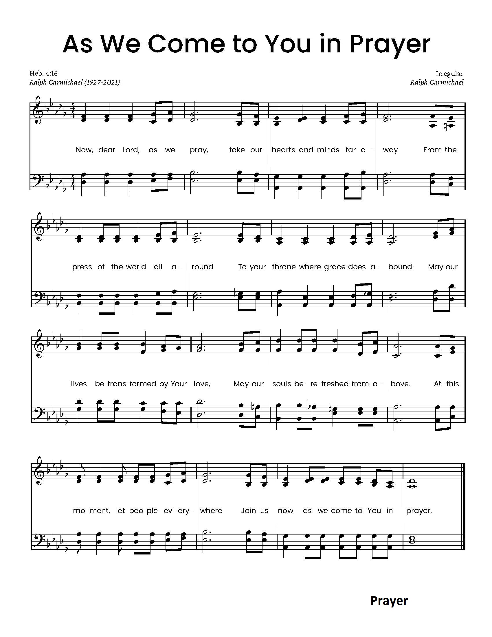 Hymn Sheet for As We Come to You in Prayer
